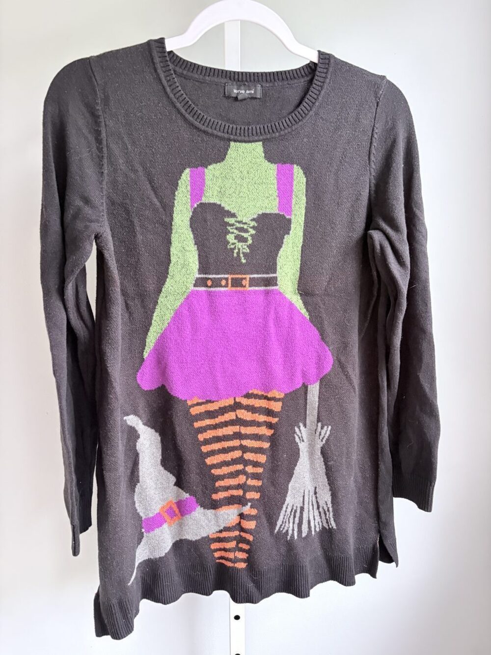 Verve Ami Black Witch Graphic Knit Tunic Sweater Crew Neck Long Sleeve M